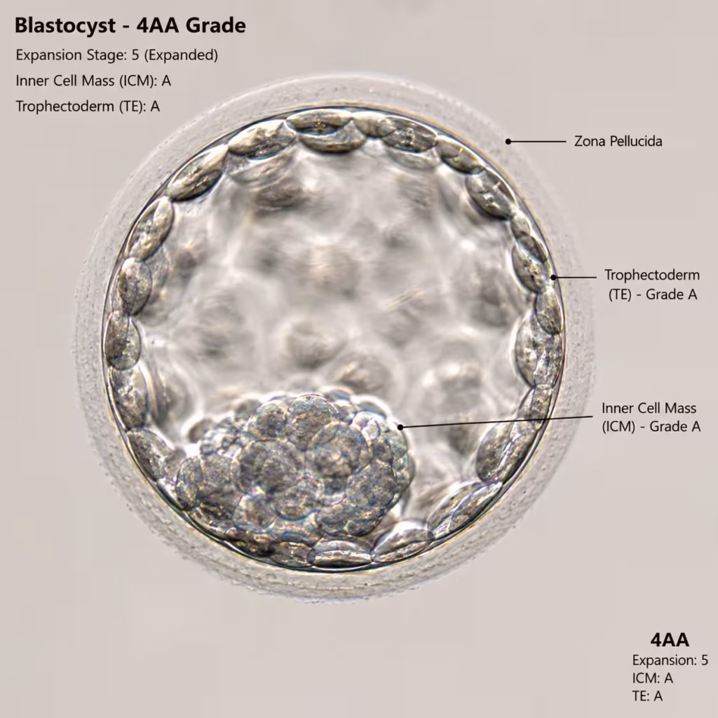 High-quality 4AA grade blastocyst embryo under IVF laboratory microscope showing excellent inner cell mass and trophectoderm quality for embryo transfer