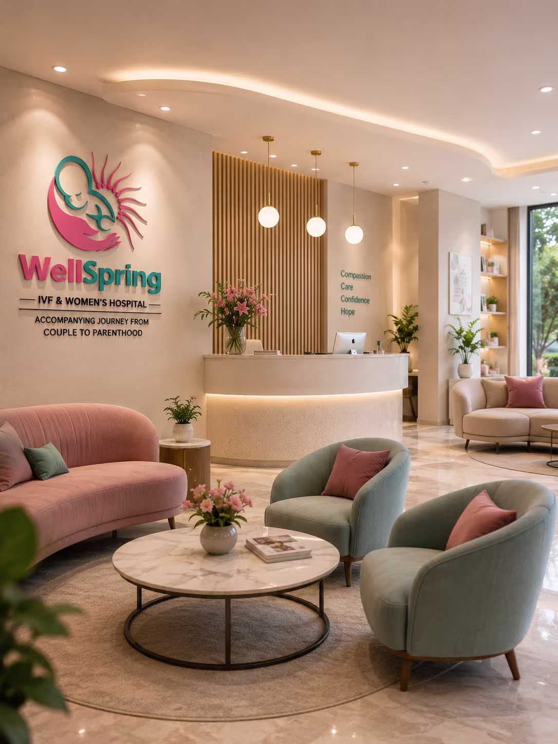 Elegant and modern IVF clinic reception area at Wellspring IVF & Women’s Hospital Ahmedabad designed to provide a comfortable, welcoming, and patient-friendly fertility care environment