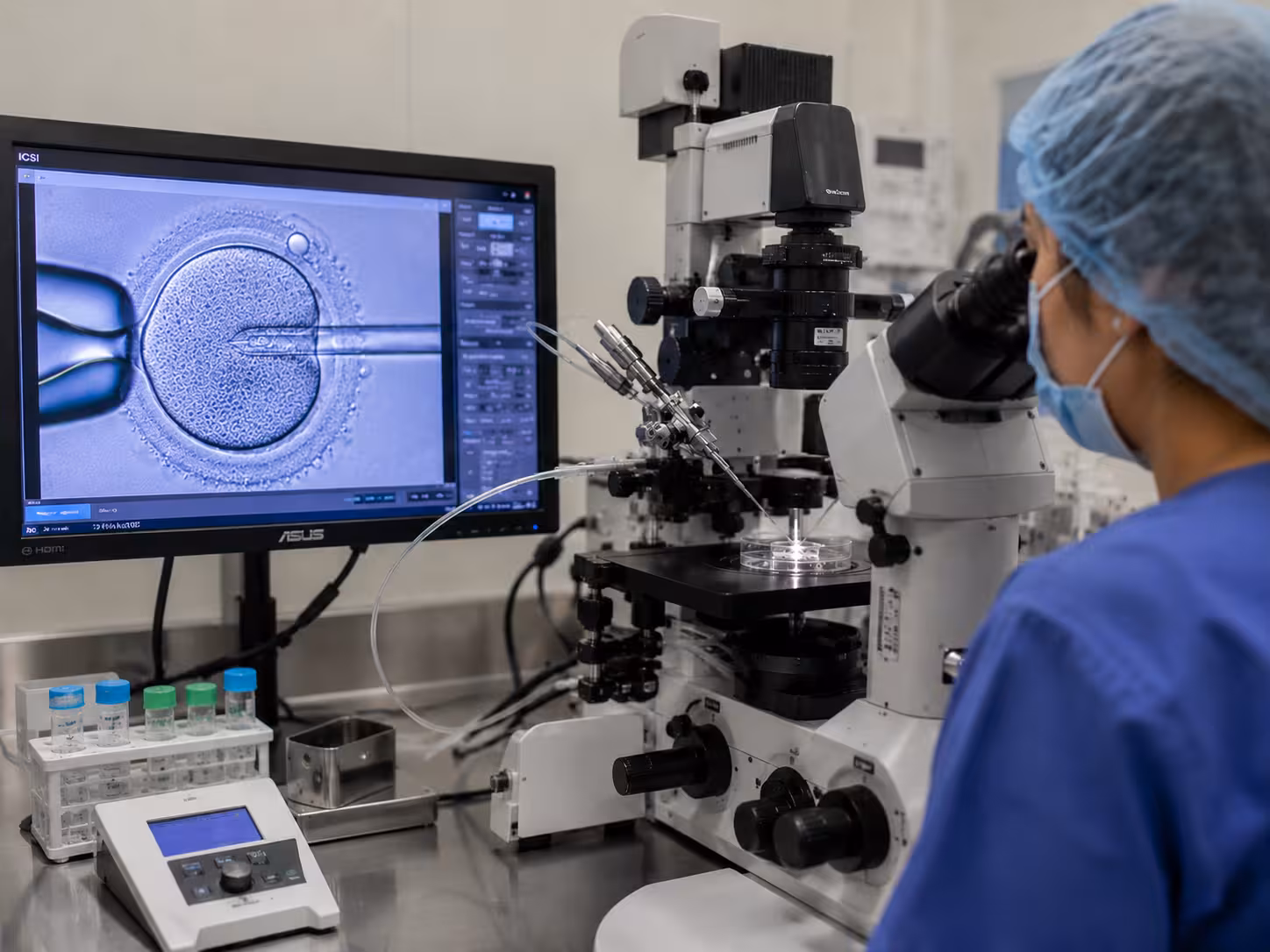 ICSI Treatment in Ahmedabad -Advance ICSI procedure at Wellspring IVF showing sperm injection into egg under advanced IVF microscope in embryology laboratory