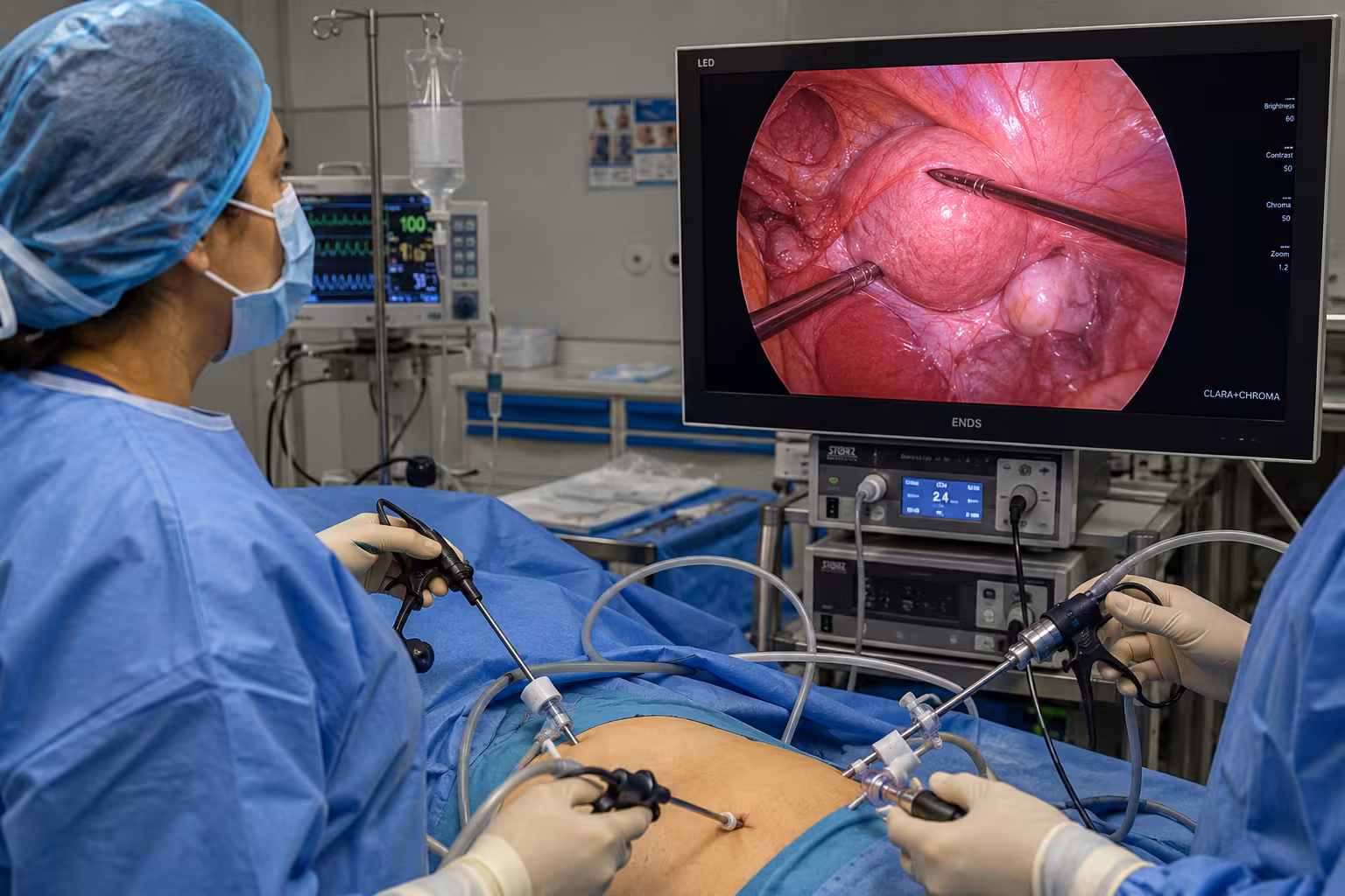 Advanced gynecological laparoscopic surgery being performed for fertility-preserving treatment using minimally invasive surgical techniques at Wellspring IVF & Women’s Hospital Ahmedabad
