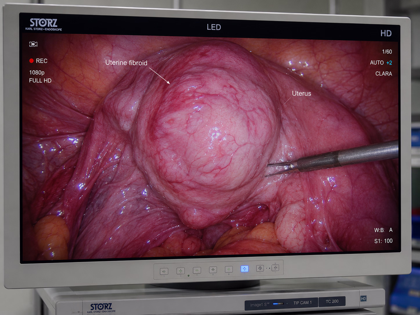 Laparoscopic view of uterine fibroid during minimally invasive gynecological surgery at Wellspring IVF & Women’s Hospital Ahmedabad