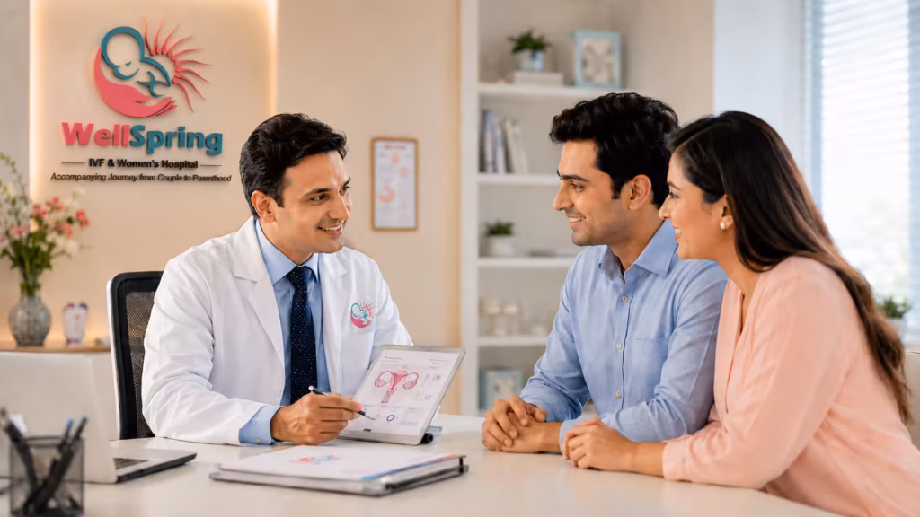 Doctor explaining fertility treatment and IVF consultation to couple at Wellspring IVF & Women’s Hospital Ahmedabad in modern reproductive medicine clinic