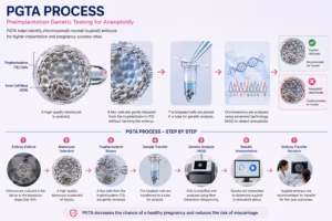 PGT-A embryo genetic testing process at Wellspring IVF & Women’s Hospital Ahmedabad showing embryo biopsy and chromosomal screening before embryo transfer