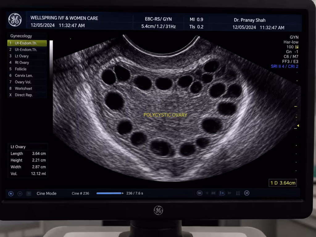 Ultrasound scan showing polycystic ovary morphology in PCOS patient at Wellspring IVF & Women’s Hospital Ahmedabad