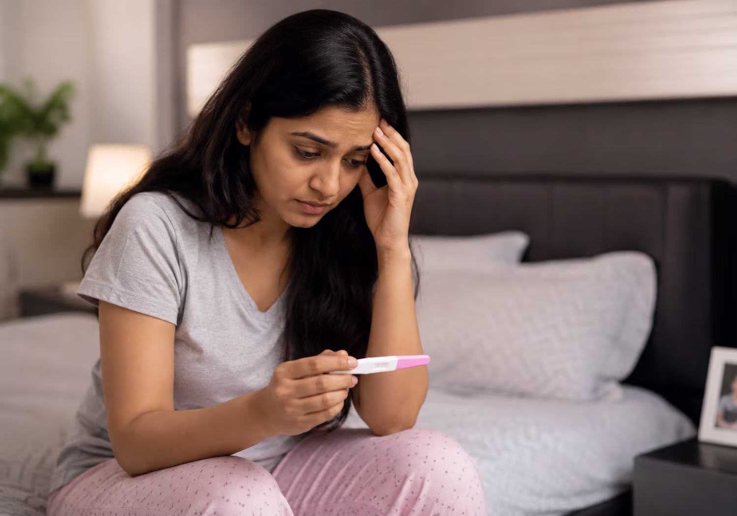 Woman feeling emotionally stressed after negative pregnancy test and infertility struggles while seeking fertility treatment support in Ahmedabad