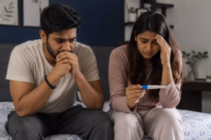 Couple feeling stressed after negative pregnancy test and infertility struggles seeking IVF and fertility treatment in Ahmedabad