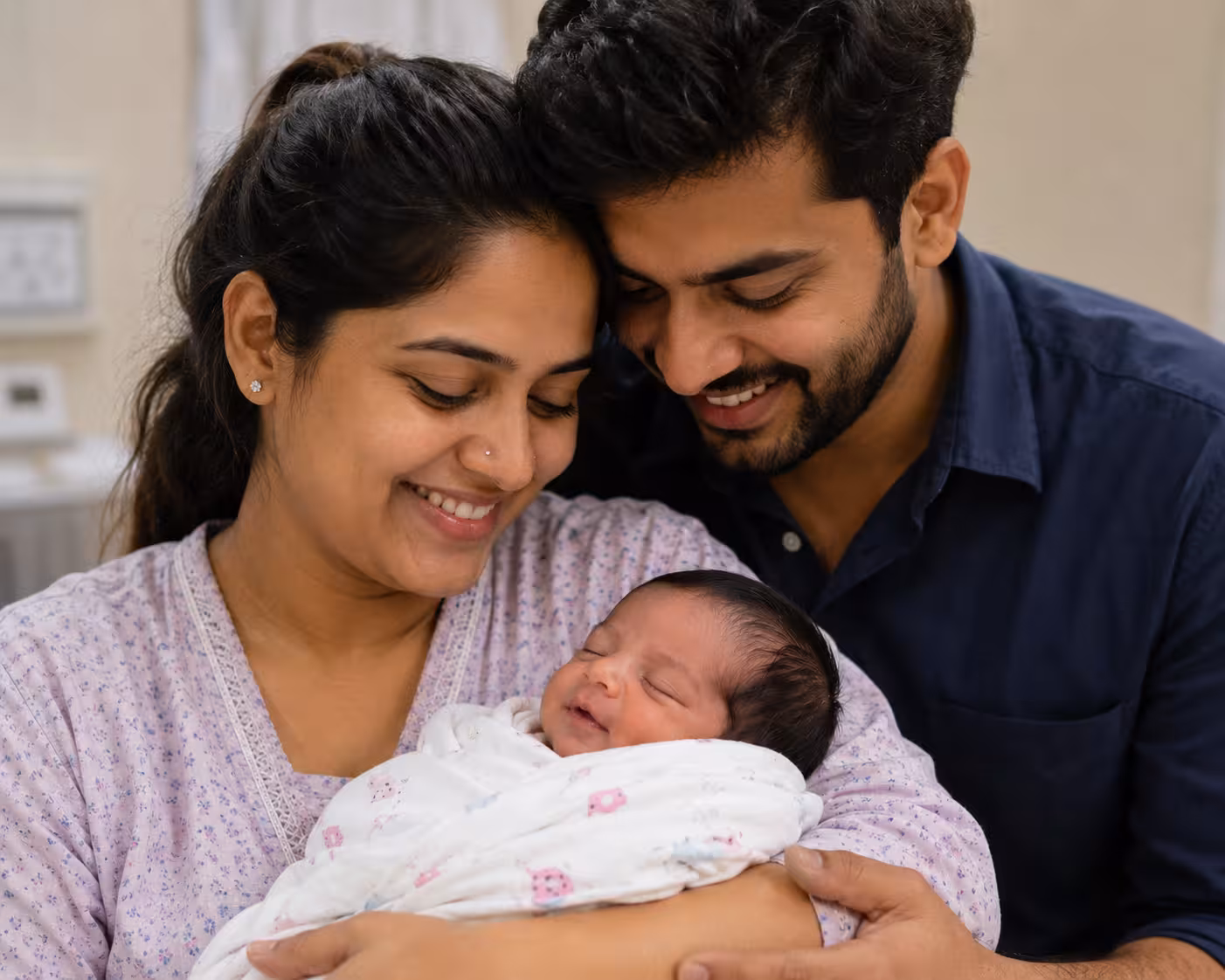 Happy couple holding their newborn baby after successful IVF and fertility treatment at Wellspring IVF & Women’s Hospital Ahmedabad