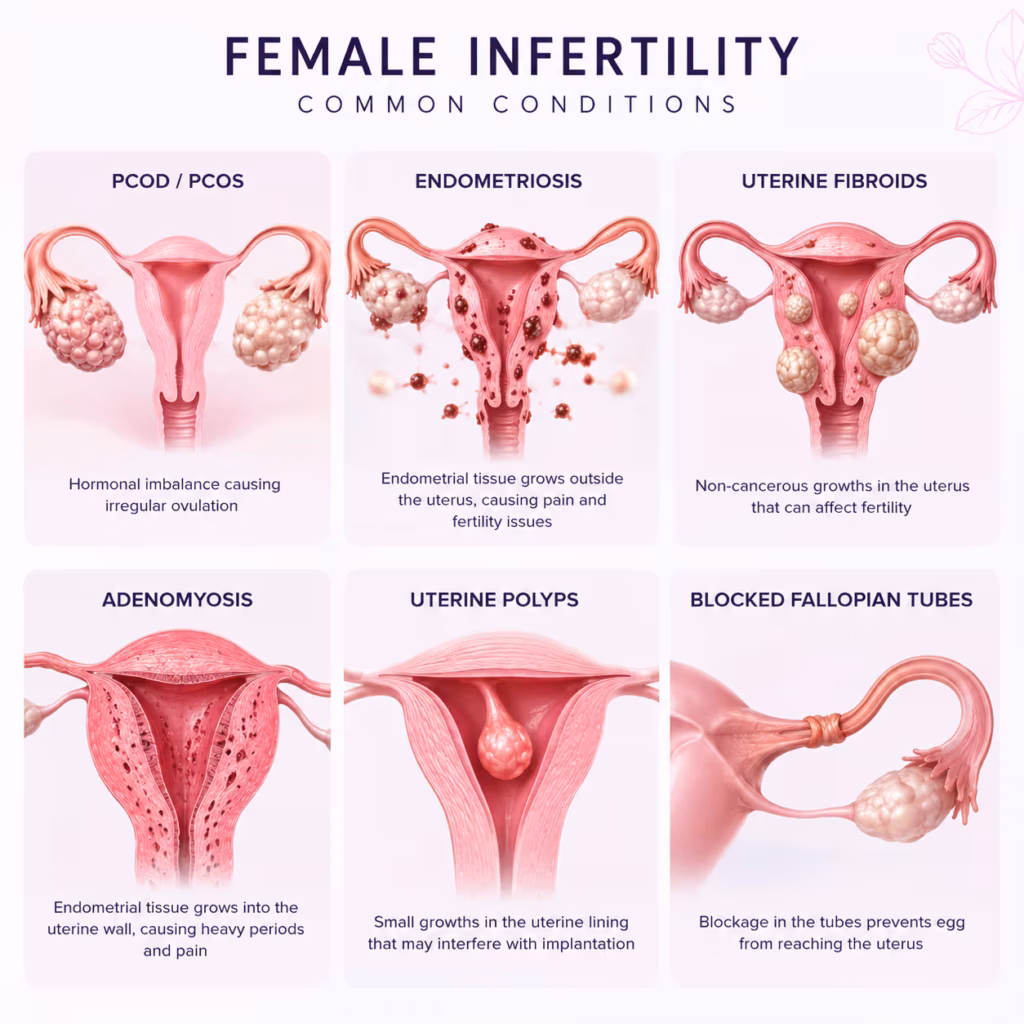 Illustration showing common causes of female infertility including PCOS, endometriosis, uterine fibroids, adenomyosis, uterine polyps, and blocked fallopian tubes