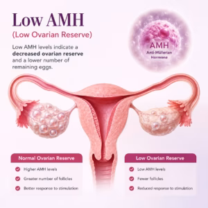 Low AMH (Anti-Müllerian Hormone) illustration showing reduced ovarian reserve with fewer follicles and lower egg quantity affecting female fertility