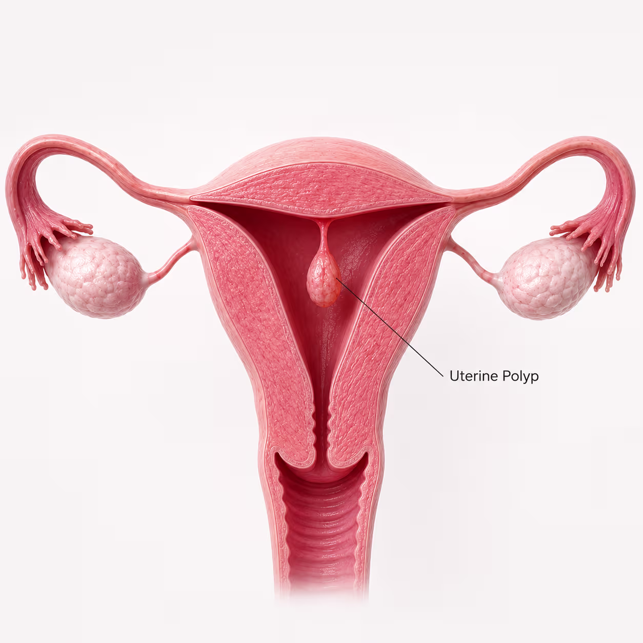 Uterine polyp illustration showing an endometrial polyp growing inside the uterine cavity, potentially affecting implantation and fertility